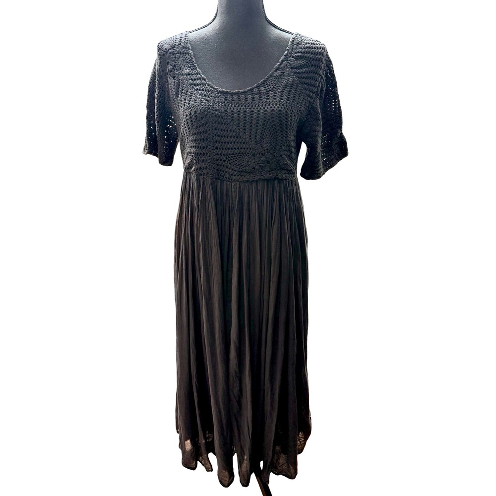Jasmine by K.V.M Black Crochet Gauze Midi Dress Boho Cottagecore Size S‎